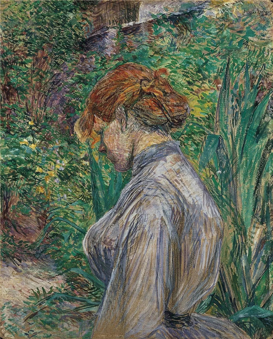Röd kvinna som sitter i M. Forests trädgård - Henri de Toulouse-Lautrec