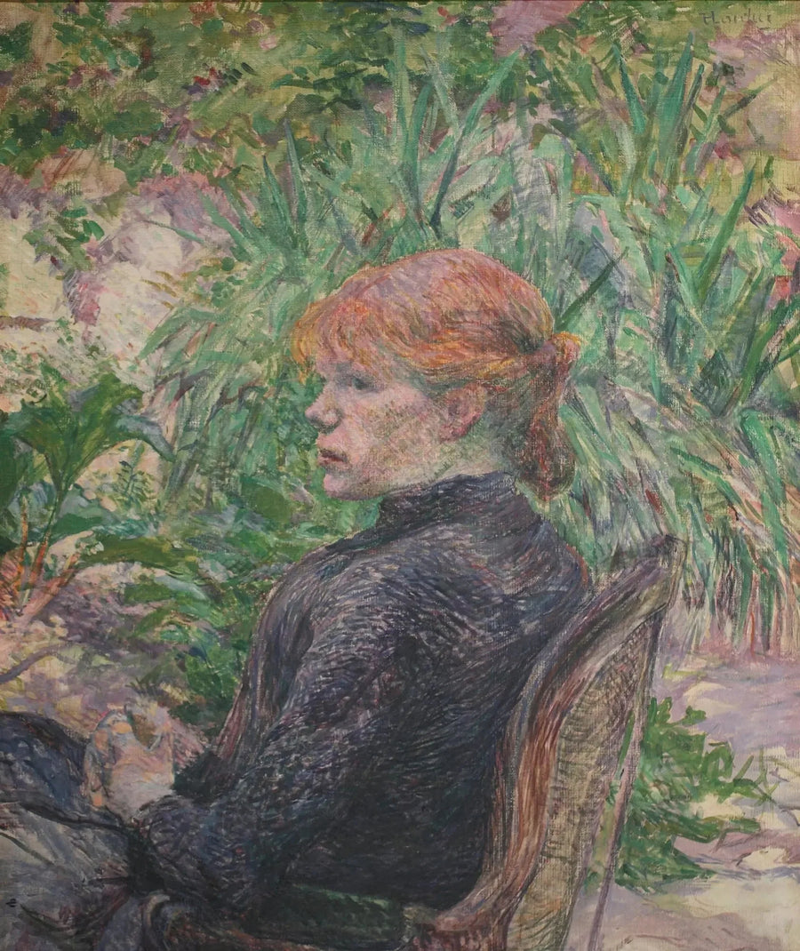 Röd kvinna som sitter i M. Forests trädgård - Henri de Toulouse-Lautrec