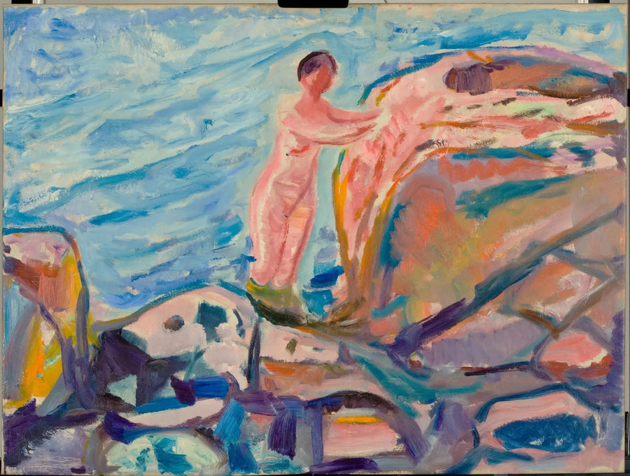 Kvinna som badar nära en röd klippa - Edvard Munch