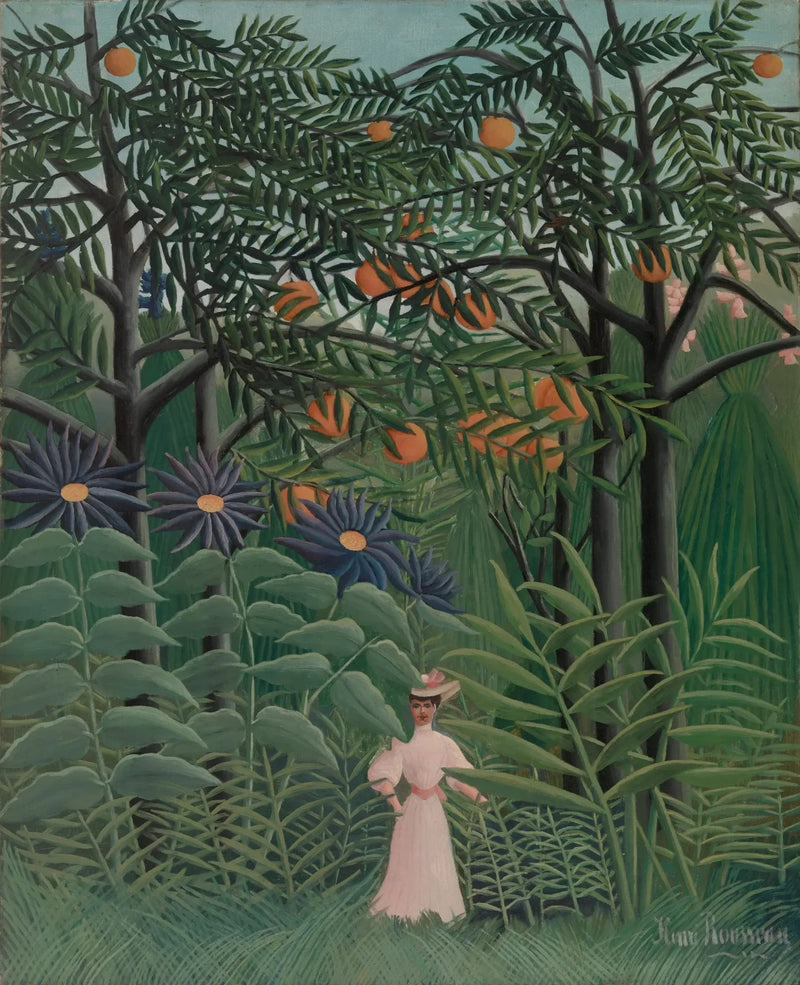 Kvinna som promenerar i en exotisk skog - Henri Rousseau