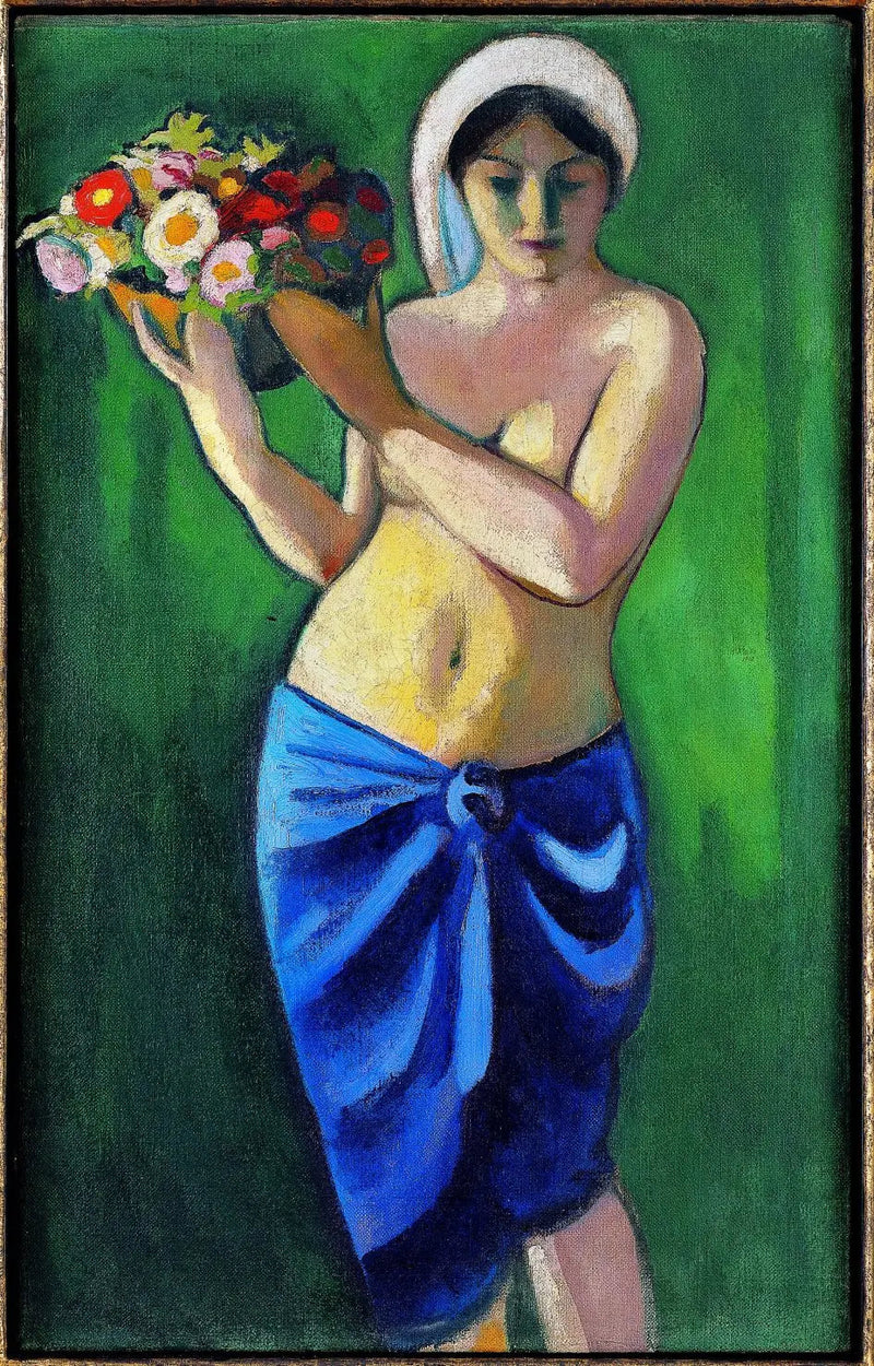 Kvinna som stöder en skål med blommor - August Macke