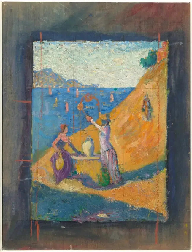Kvinnor vid brunnen. Skiss III; Utsikt över hamnen i Saint-Tropez - Paul Signac