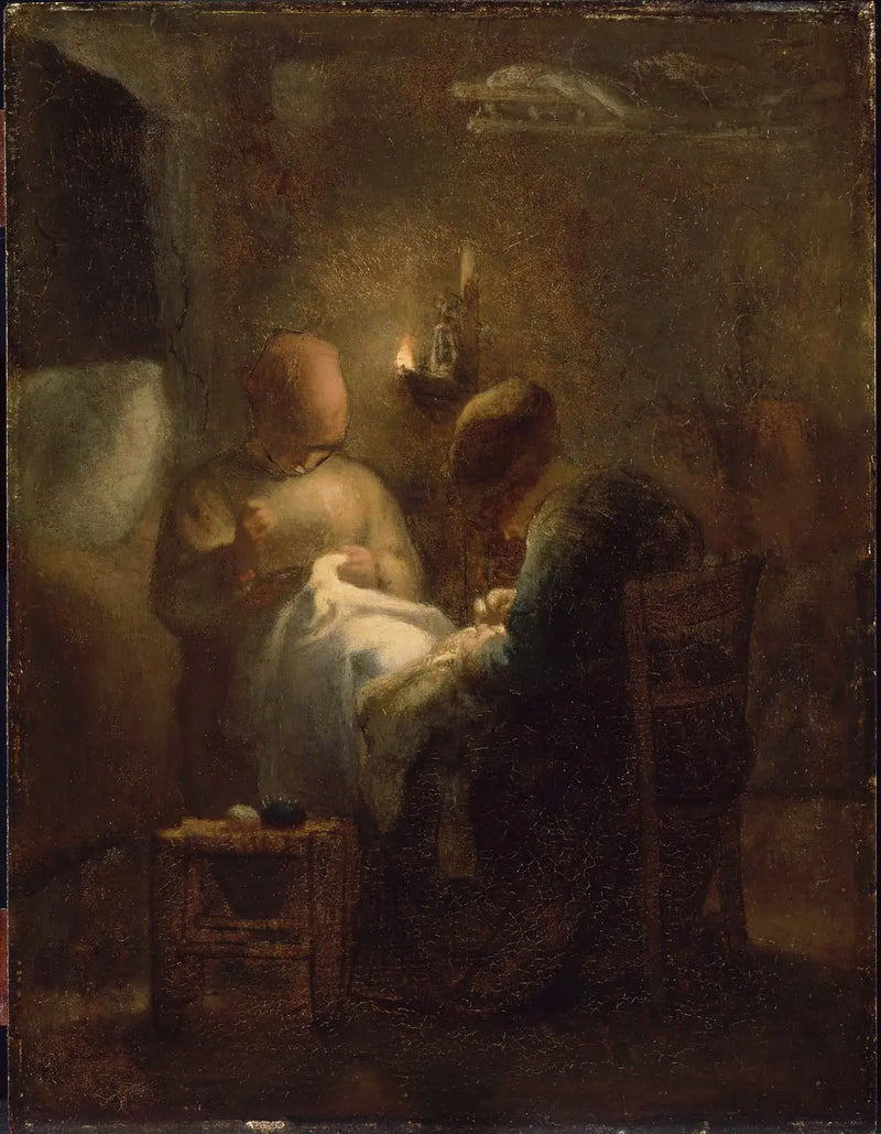 Kvinnor som syr i ljuset av en lampa (Väktaren) - Jean-François Millet