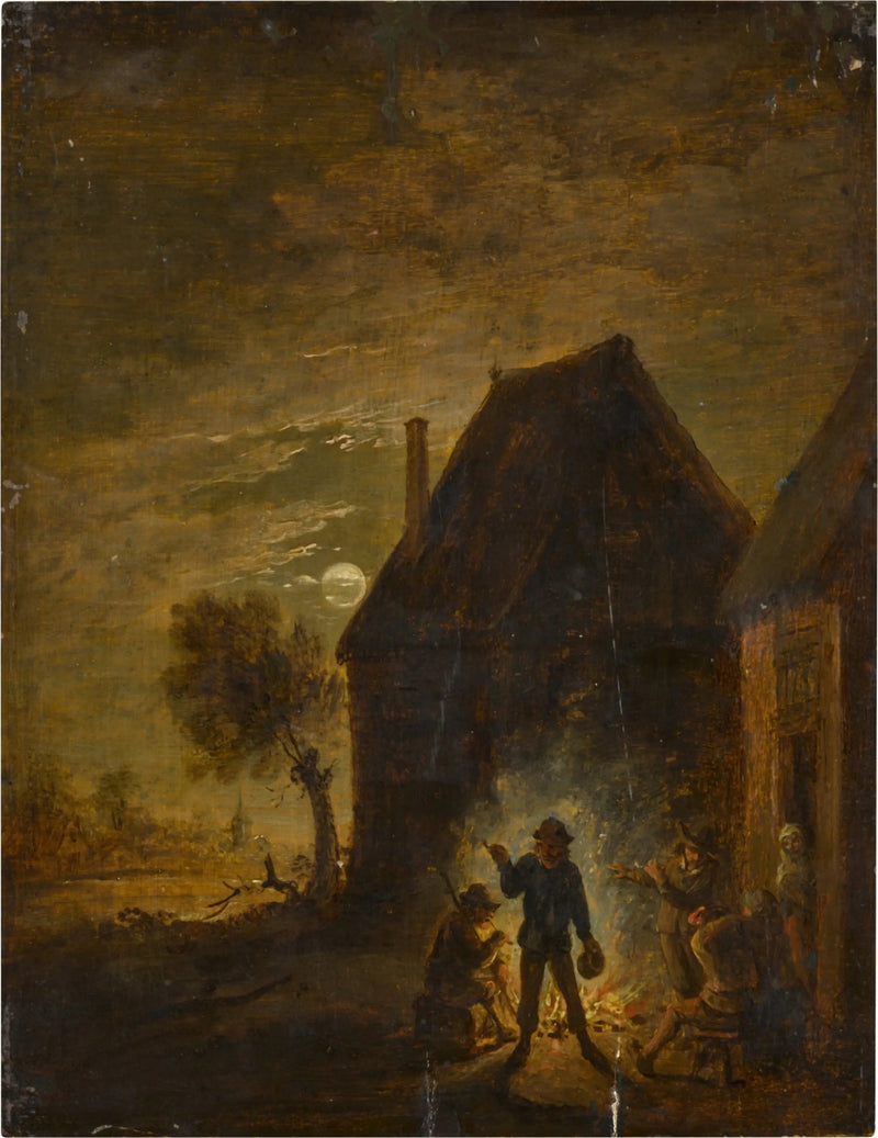 Ferm under månljus med personer runt en eld - David Teniers den yngre