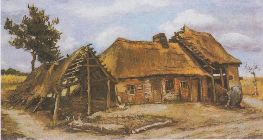 Gård med en böjd bondkvinna i blå klänning - Vincent van Gogh