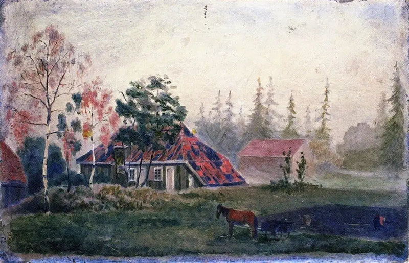 Hästgård och Vagn framför byggnaderna - Edvard Munch
