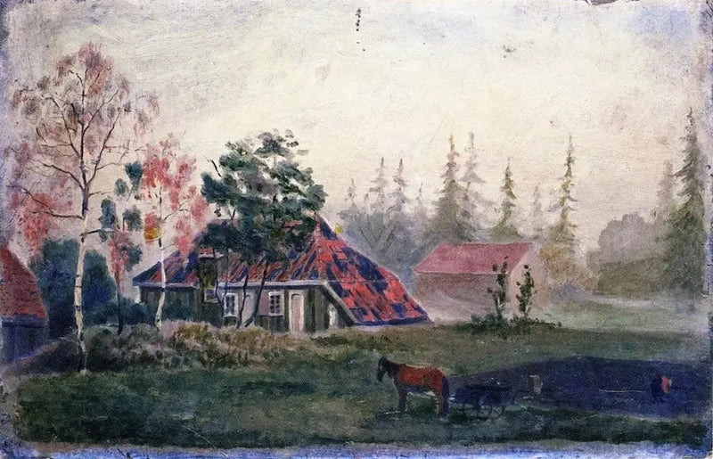 Hästgård och Vagn framför byggnaderna - Edvard Munch