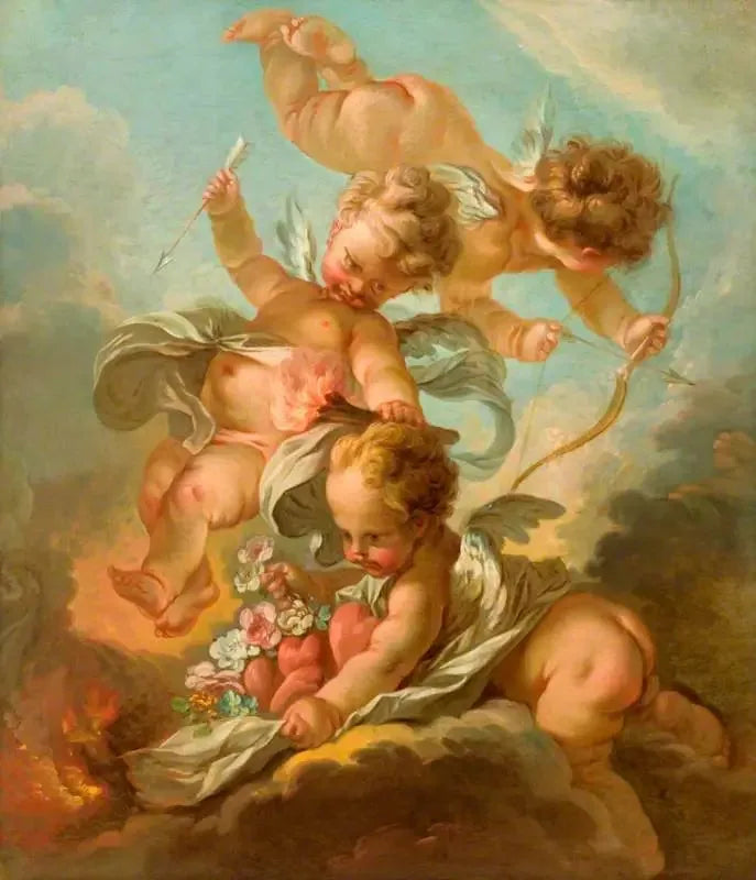 Brand: Tre putti som håller en båge och en pil, en tänd fackla och en mantel som innehåller hjärtan och blommor - François Boucher