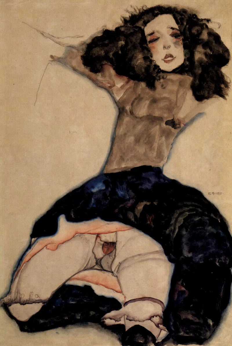 Flicka med svart hår och upplyft kjol - Egon Schiele