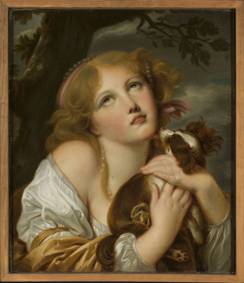 Flicka med en hund i händerna - Jean-Baptiste Greuze
