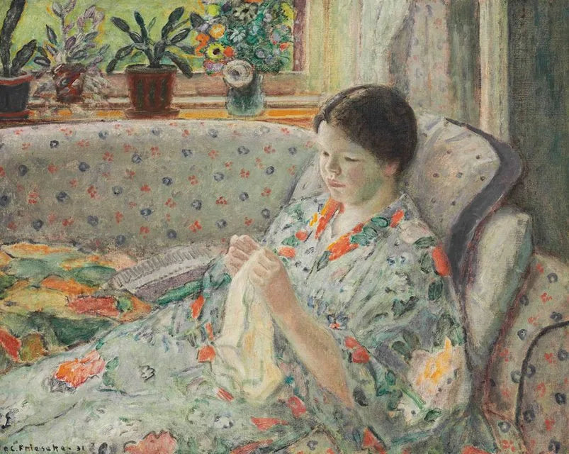 Flicka som syr (den kinesiska klänningen) - Frederick Carl Frieseke