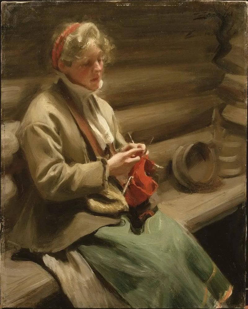 Dalecarlianflicka som stickar. Margit med kål - Anders Zorn