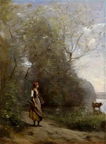 Flicka i en skog - Jean-Baptiste Camille Corot
