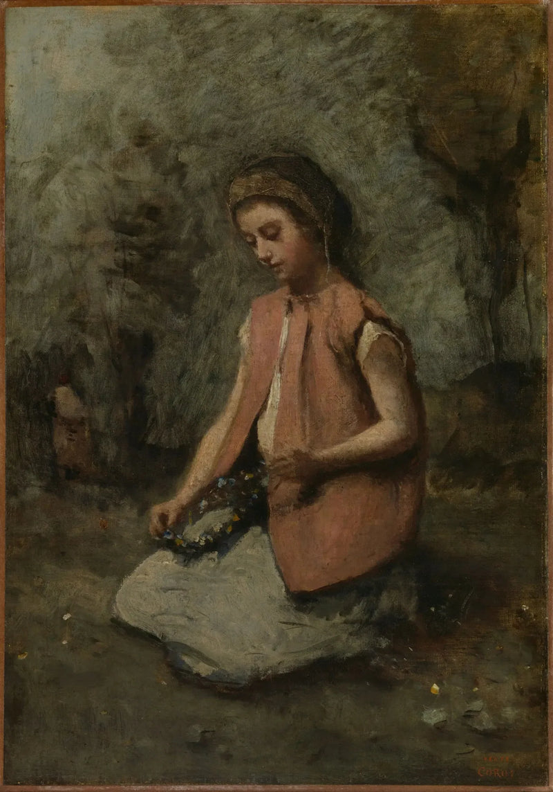 Flicka som väver en girlang - Jean-Baptiste Camille Corot