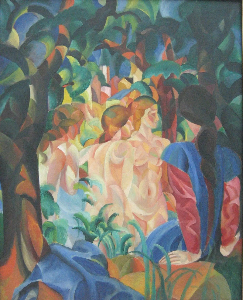 Flickor som badar med staden i bakgrunden - August Macke