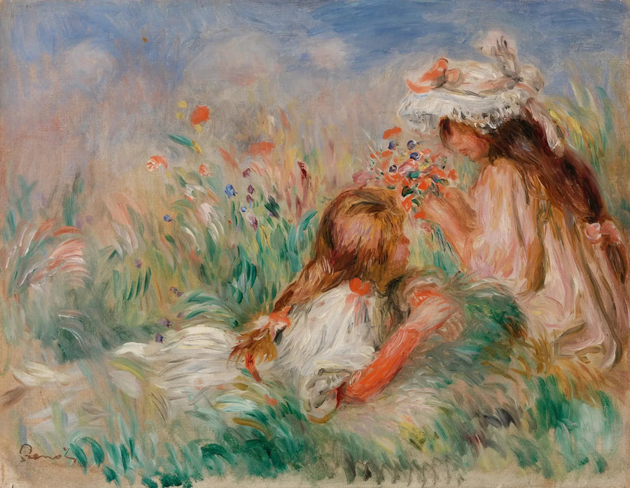 Flicka liggande på gräset och ung kvinna som ordnar en bukett - Pierre-Auguste Renoir