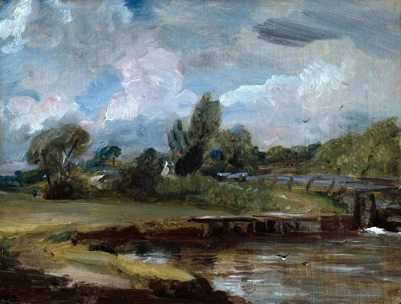 Flatford Lock, en väg vid en flod - John Constable
