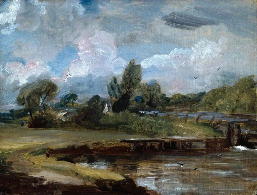 Flatford Lock, en väg vid en flod - John Constable