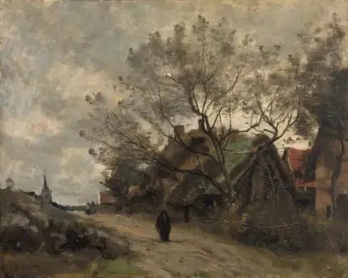 Flesselles. Stugor sett genom träden vid vägkanten - Jean-Baptiste Camille Corot