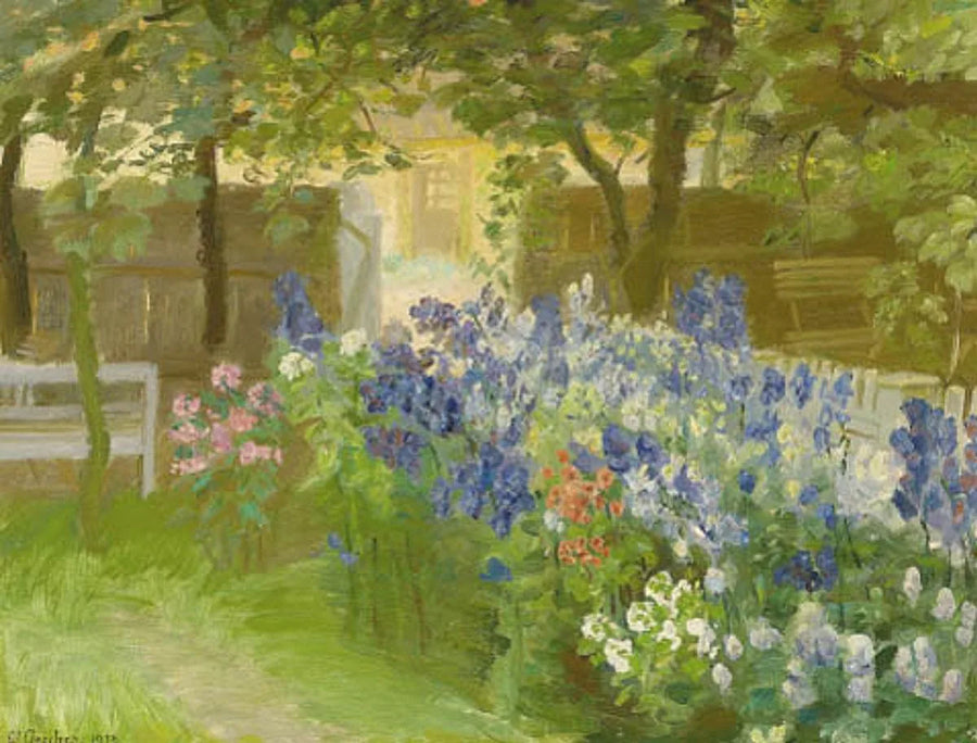 Blommor i Brøndum-trädgården, vy mot "Rullestuen". - Anna Ancher