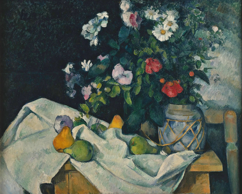 Blommor i en ingefärskrus och frukter - Paul Cézanne