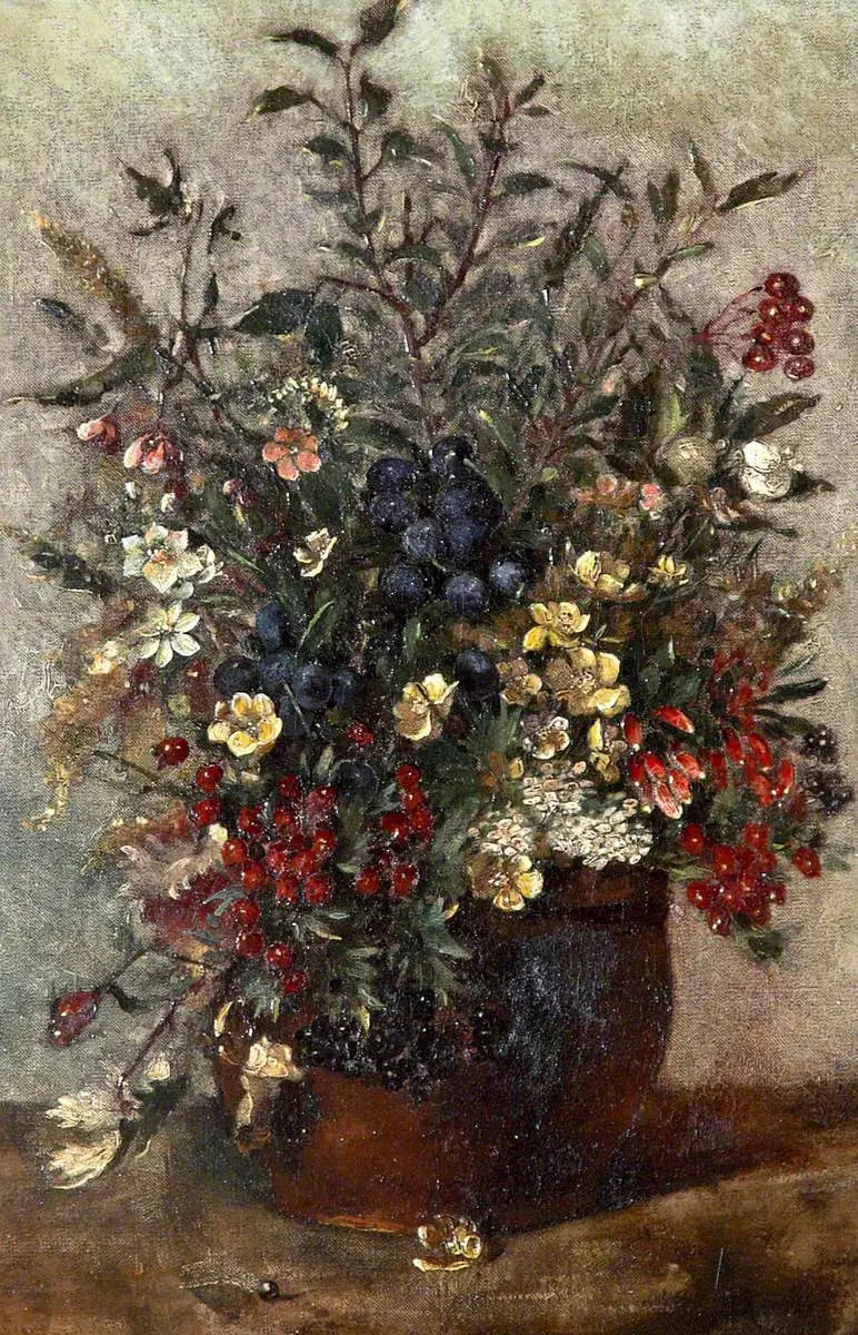 Blommor på fältet och bär i en brun kruka - John Constable