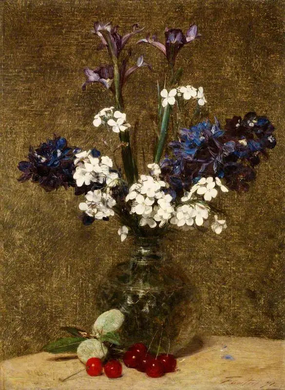 Blommor: Iris och Jassiner, med körsbär och mandlar på bordet - Henri Fantin-Latour