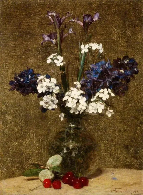 Blommor: Iris och Jassiner, med körsbär och mandlar på bordet - Henri Fantin-Latour