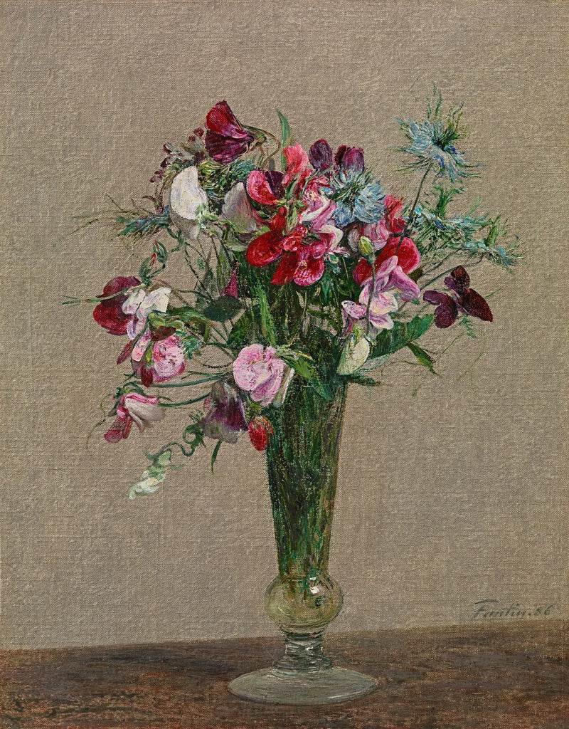 Blommor, doftande ärtor och nigeller i en liten vas - Henri Fantin-Latour