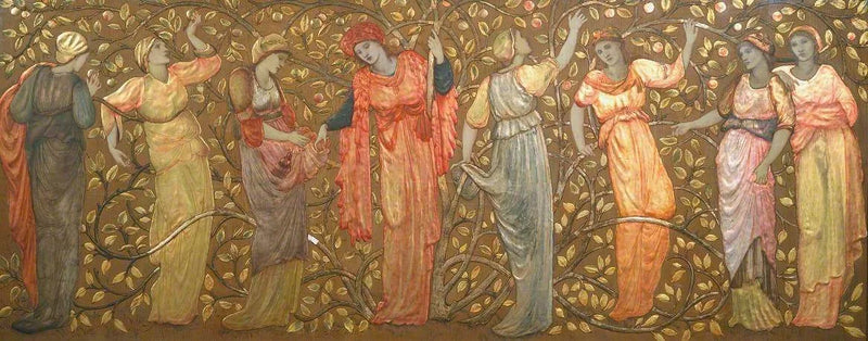 Fris av åtta kvinnor som plockar äpplen - Edward Burne-Jones