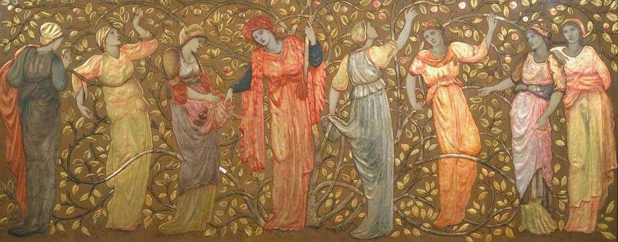 Fris av åtta kvinnor som plockar äpplen - Edward Burne-Jones