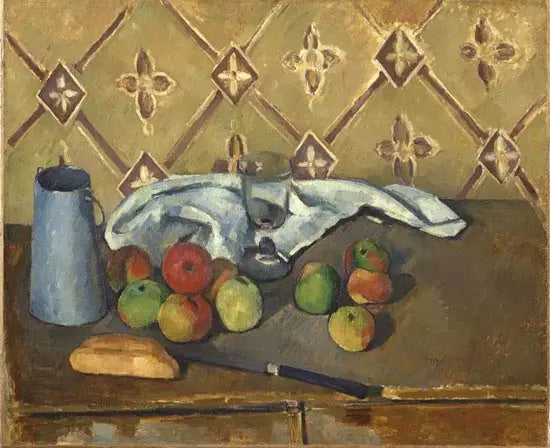 Frukter, servett och mjölkförpackning - Paul Cézanne