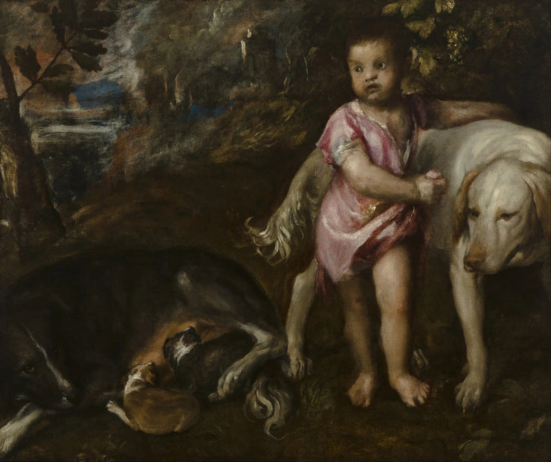 Pojke med hundar i ett landskap - Titian