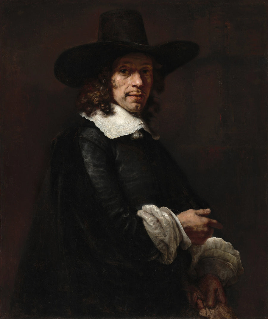 Porträtt av en man med cylinderhatt och handskar - Rembrandt