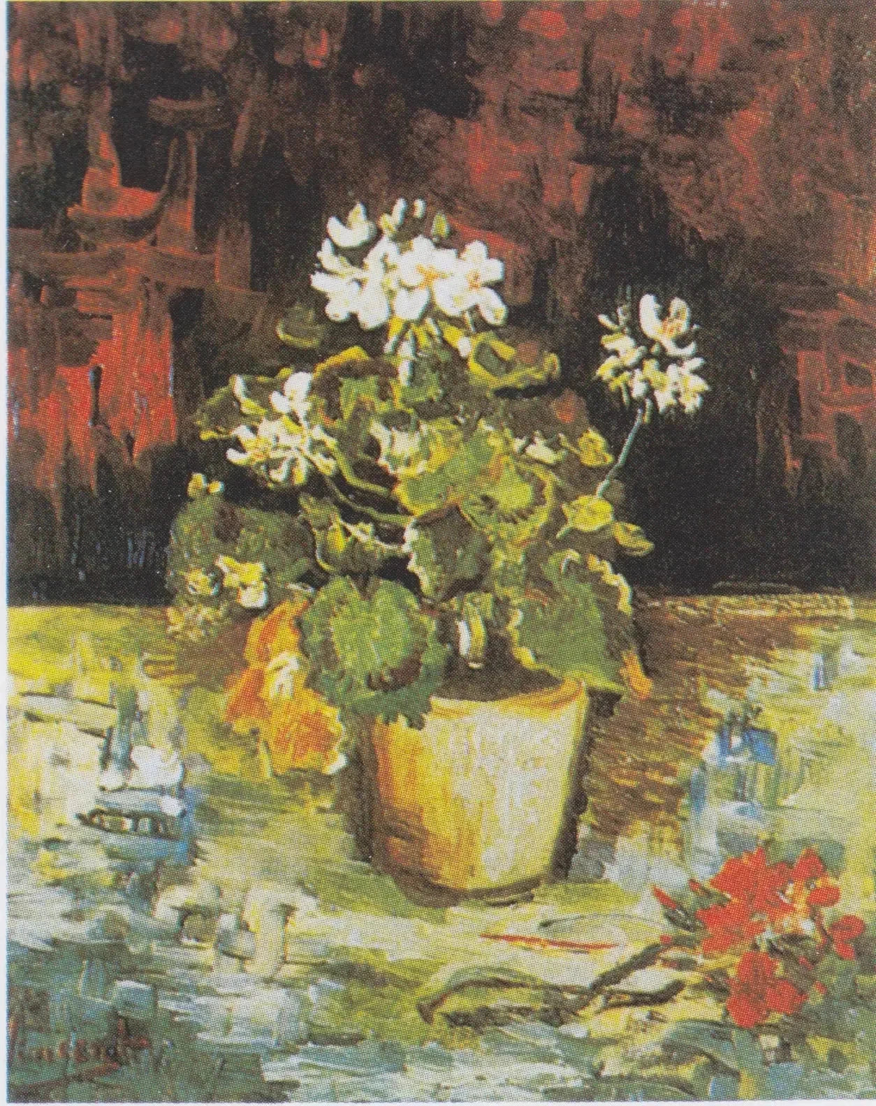 Géranium en pot F201 — fleurs blanches, feuillage vert et tiges rouges sur une table claire par Vincent van Gogh
