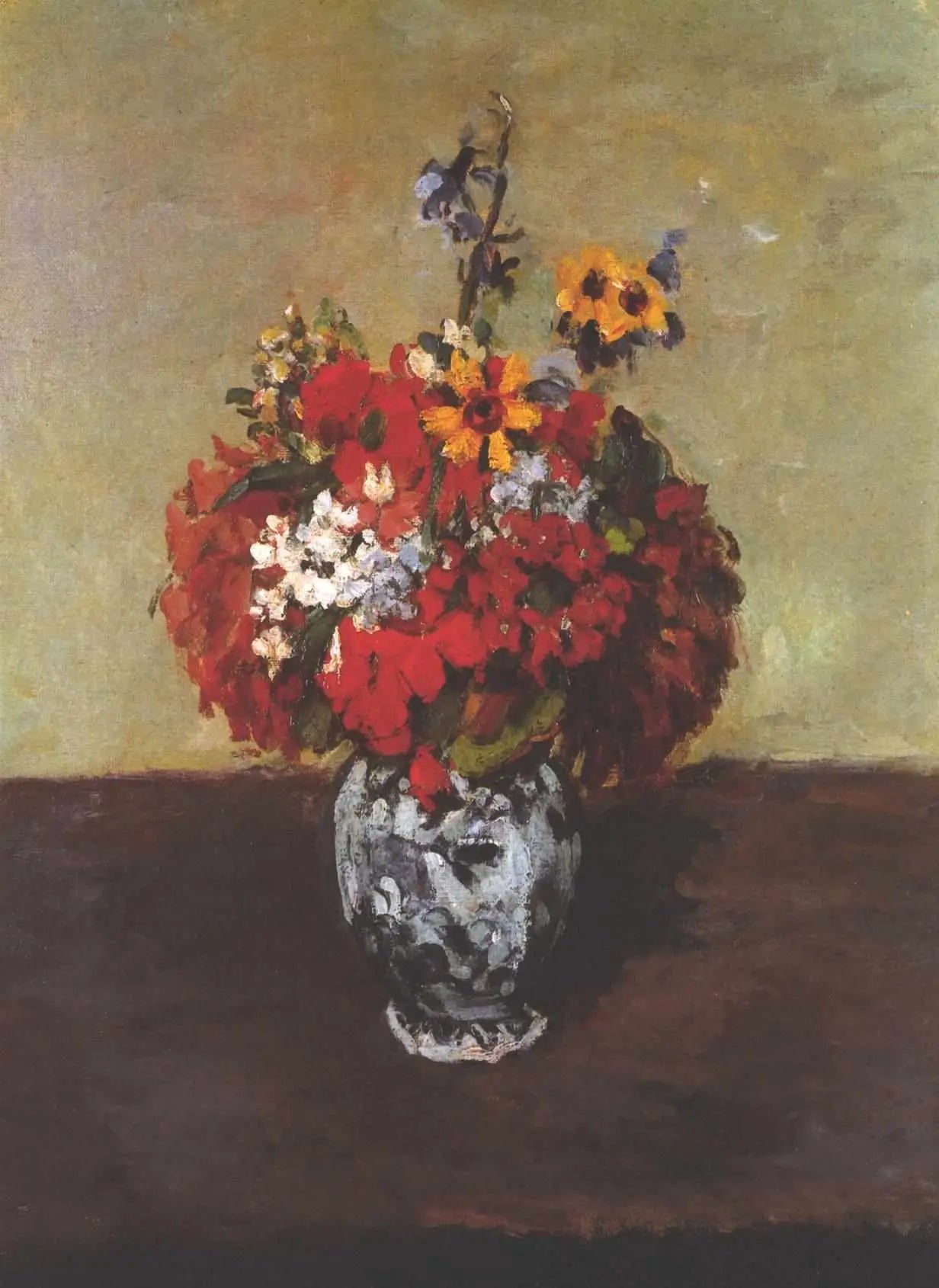 Reproduction du tableau « Géraniums et pieds-d'alouette dans un petit vase de Delft - Paul Cézanne » par Alpha Reproduction en peinture à l’huile