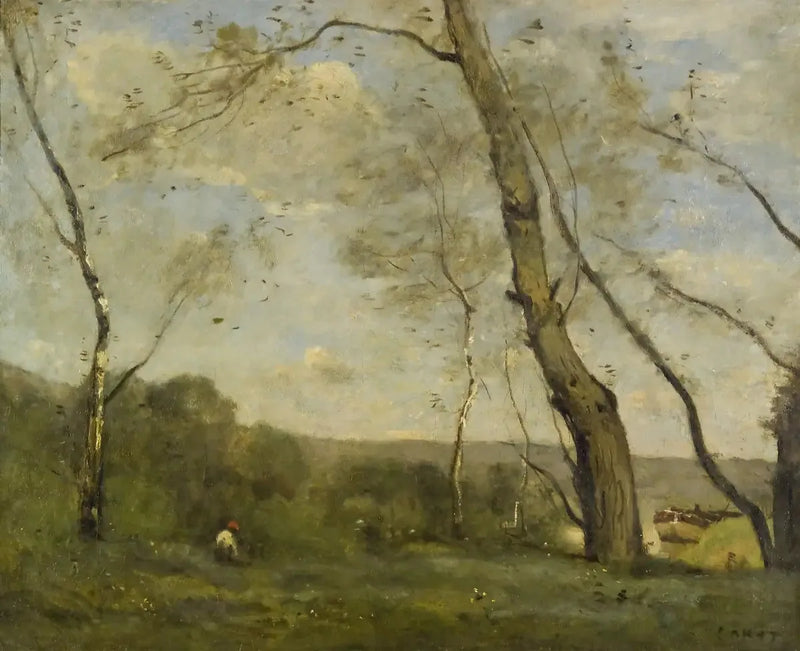 Stora dominerande träd vid flodkanten - Jean-Baptiste Camille Corot