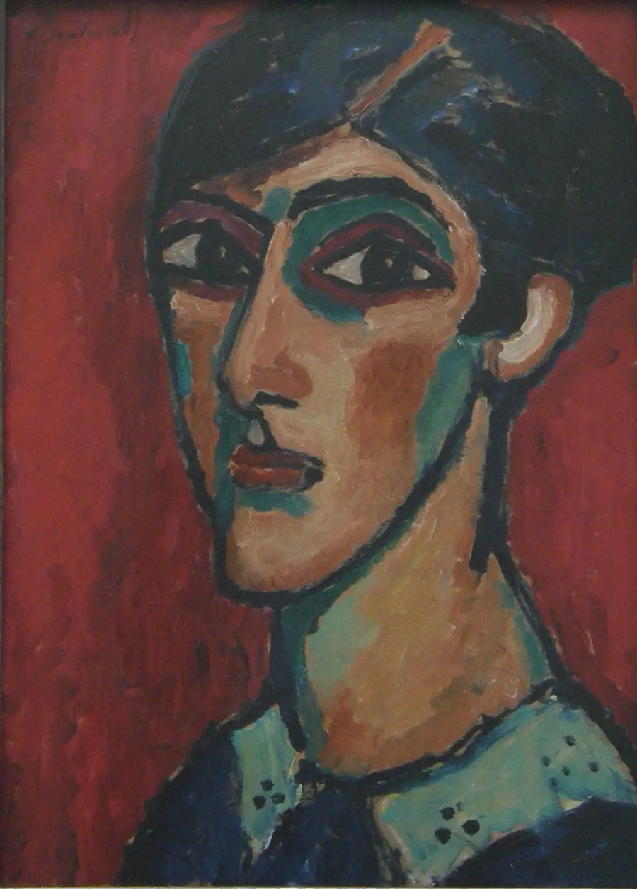 Stor kvinnohuvud på röd bakgrund - Alexej von Jawlensky