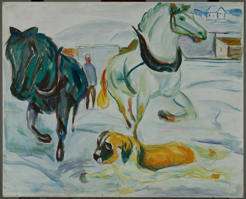 Hästgrupp och Saint Bernard i snön - Edvard Munch