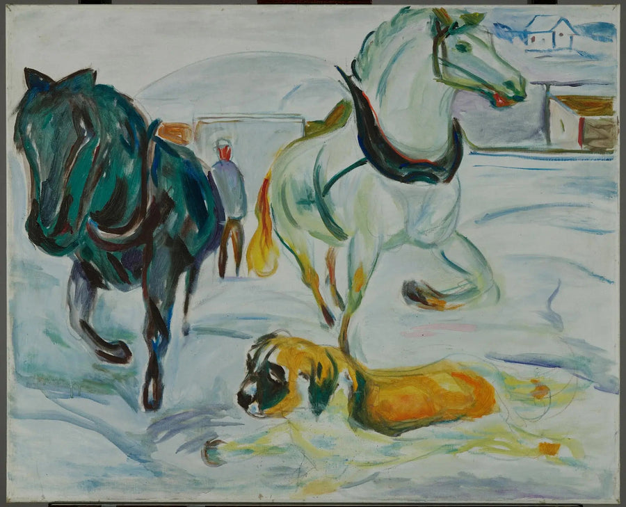 Hästgrupp och Saint Bernard i snön - Edvard Munch