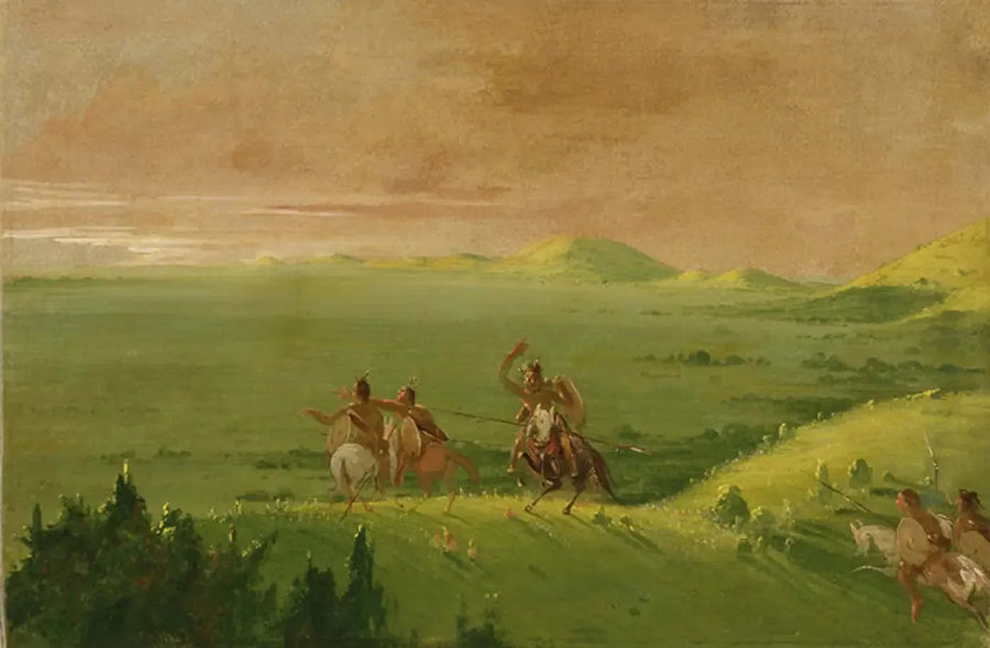 Comanche krigsgäng, chefen upptäcker fienden och uppmanar sina män vid soluppgången - George Catlin