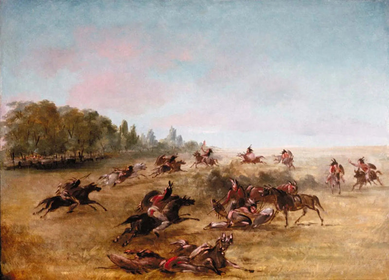Krigsgrupp som rör sig genom ett snår - George Catlin