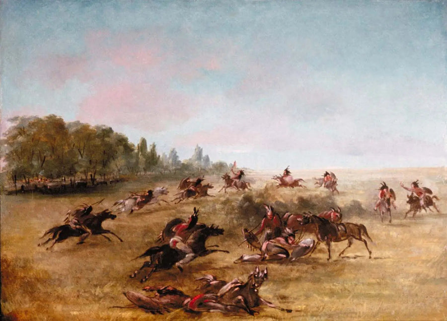 Krigsgrupp som rör sig genom ett snår - George Catlin