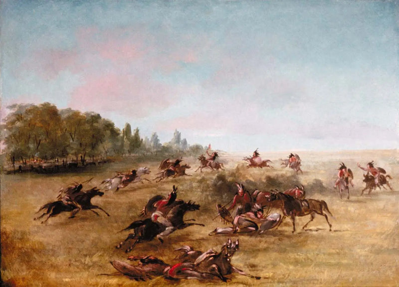 Krigsgrupp som rör sig genom ett snår - George Catlin