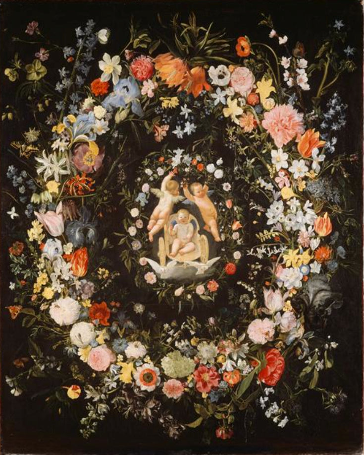 Blomstergirlang som omger ett medallion som föreställer kärlekens triumf - Domenichino