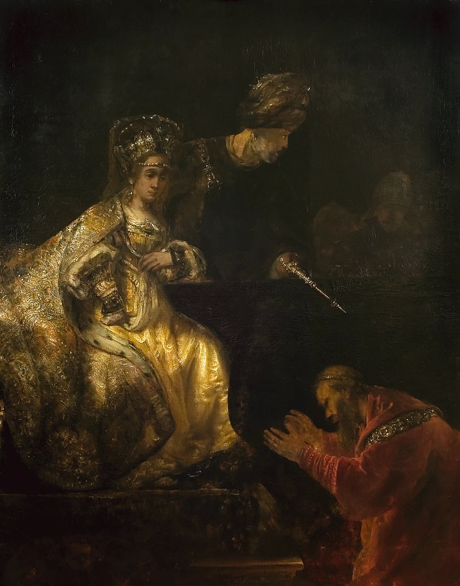 Haman bönar Esther att ge honom livet tillbaka - Rembrandt