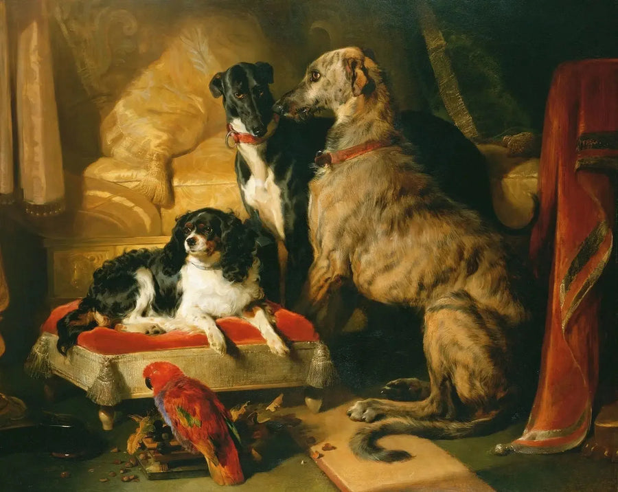 Hector, Néron och Dash med papegojan, Lory - Edwin Henry Landseer