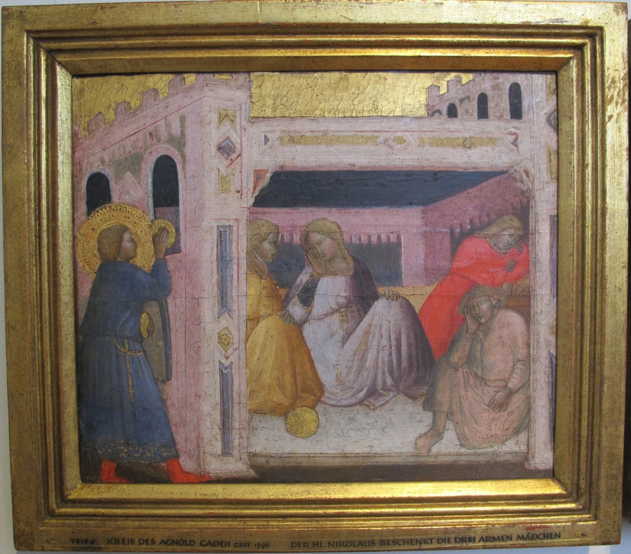 Berättelser om Sankt Nikolaus. Sankt Nikolaus ger gåvor till tre flickor från poolen. - Agnolo Gaddi