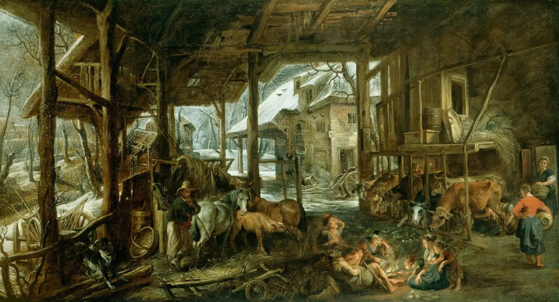 Vinter: Interiören av en lada - Peter Paul Rubens