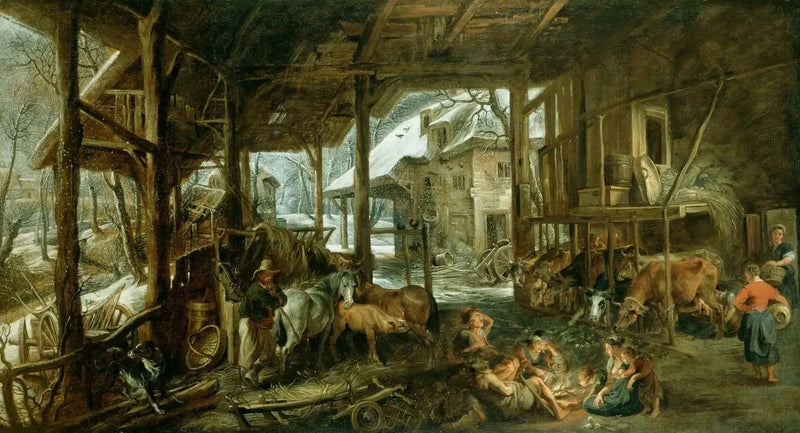 Vinter: Interiören av en lada - Peter Paul Rubens
